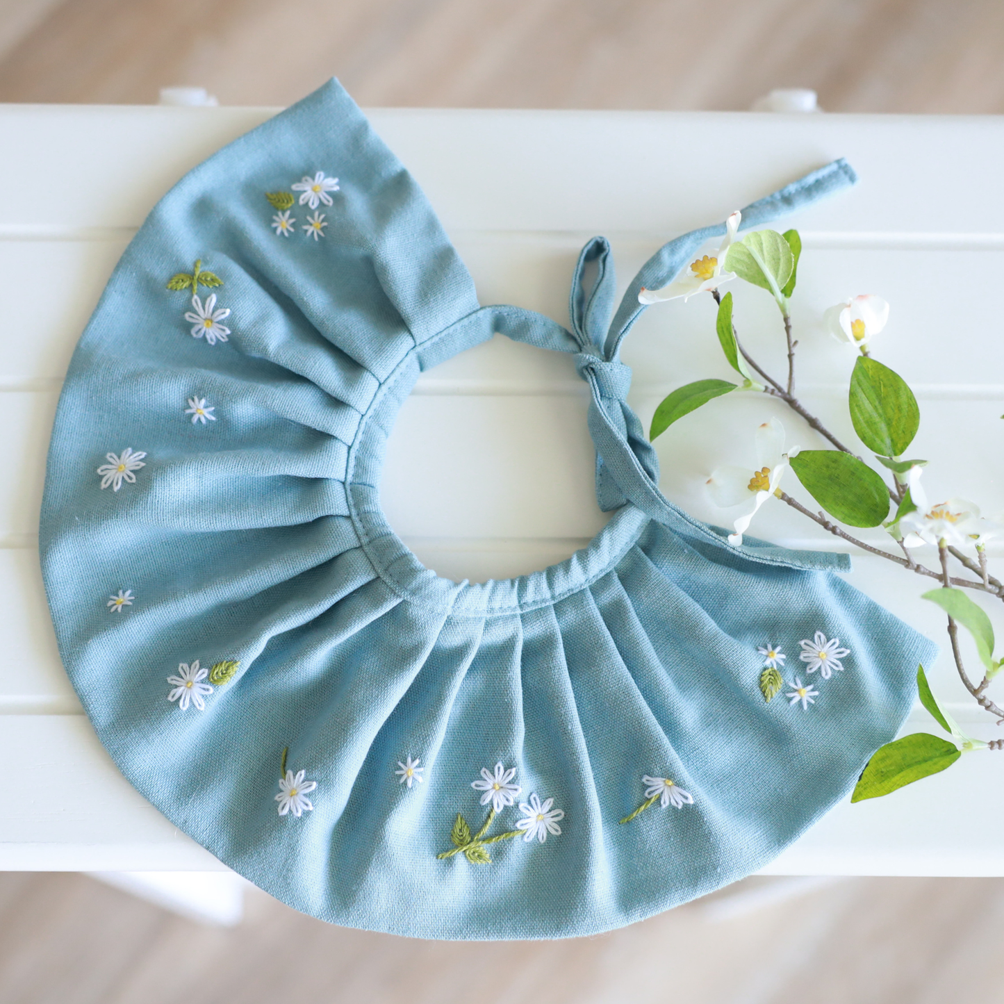 Dog Bib / Bandana for Mealtime – Handcrafted Dog Scarf with Daisy Embroidery