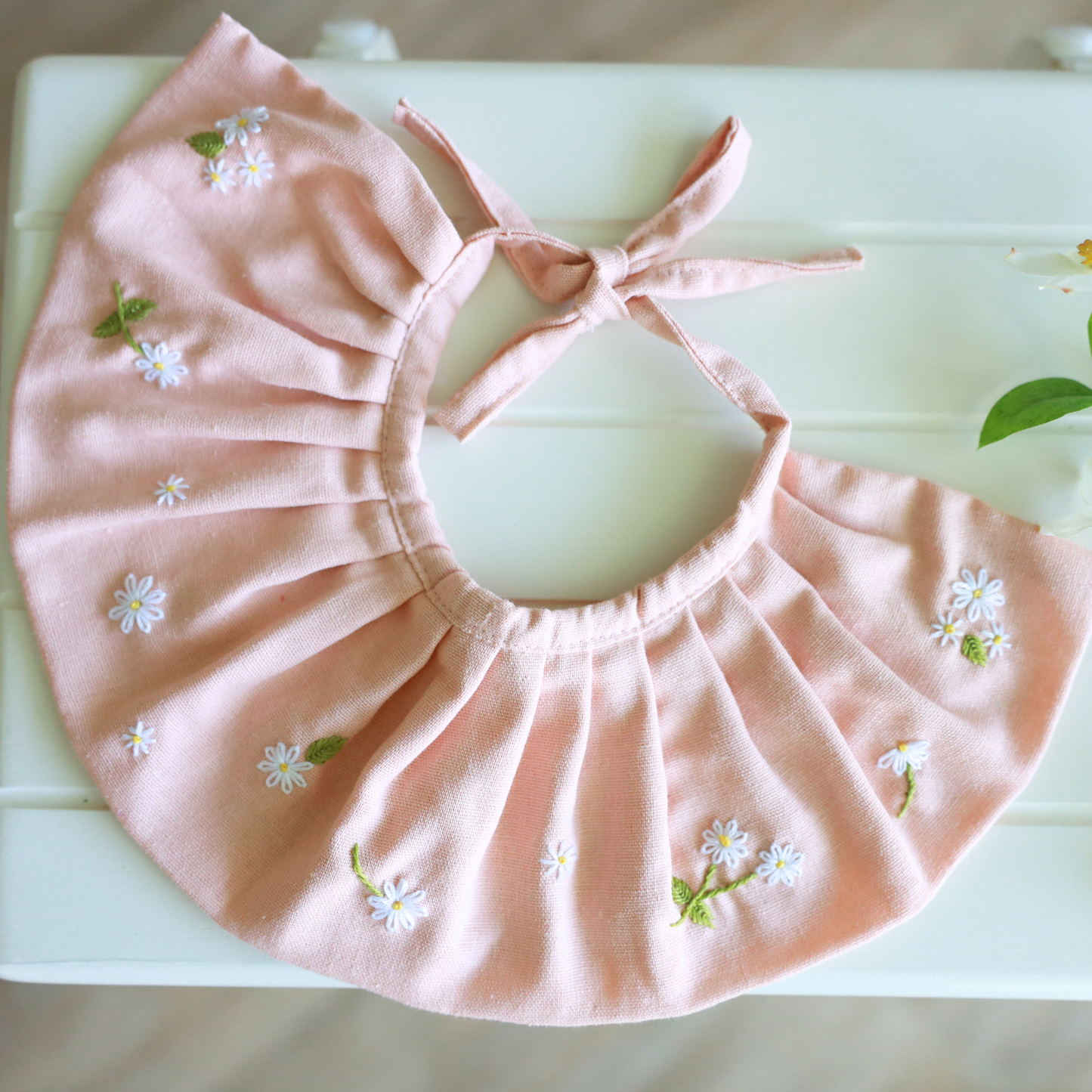 Pink linen dog bib with floral hand embroidery