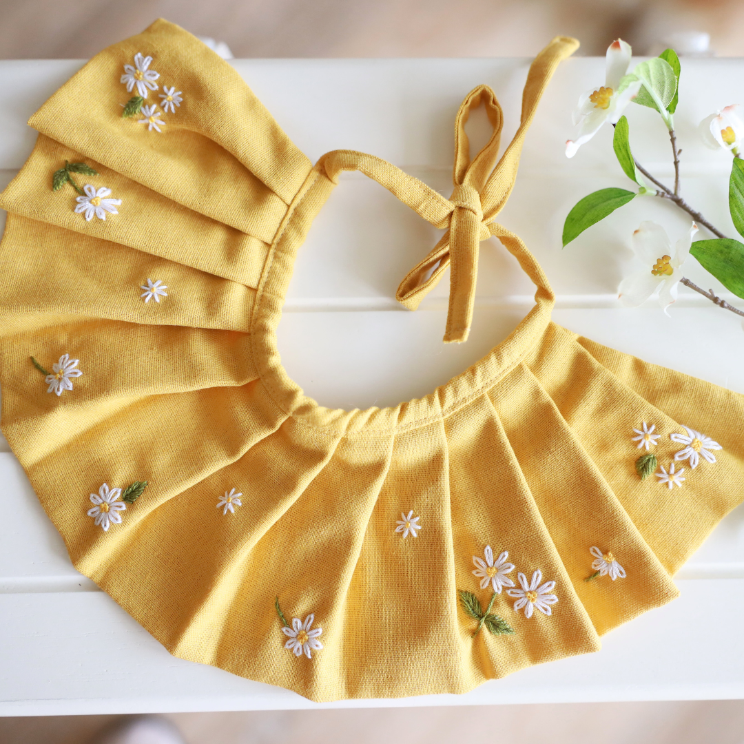 Dog Bib / Bandana for Mealtime – Handcrafted Dog Scarf with Daisy Embroidery