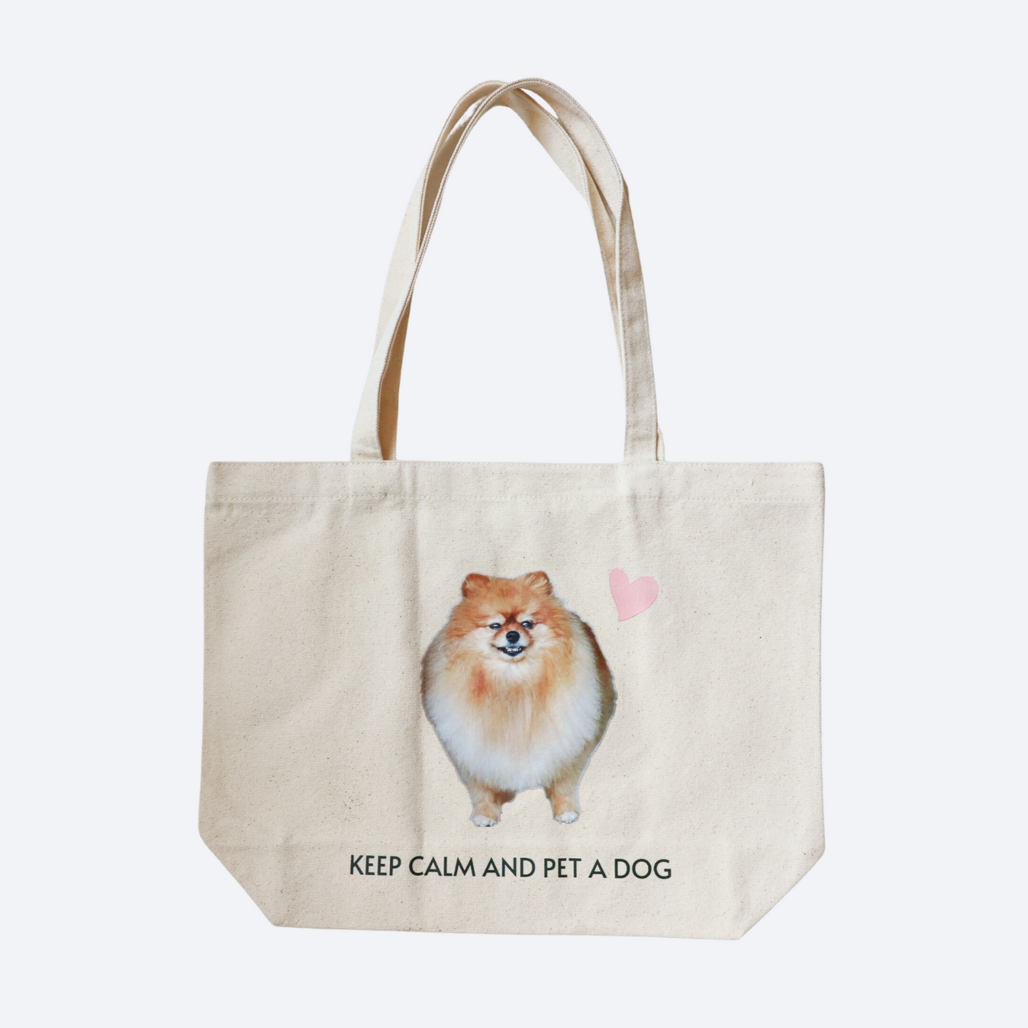 Keep calm and pet a dog tote bag with a photo of a Pomeranian on it