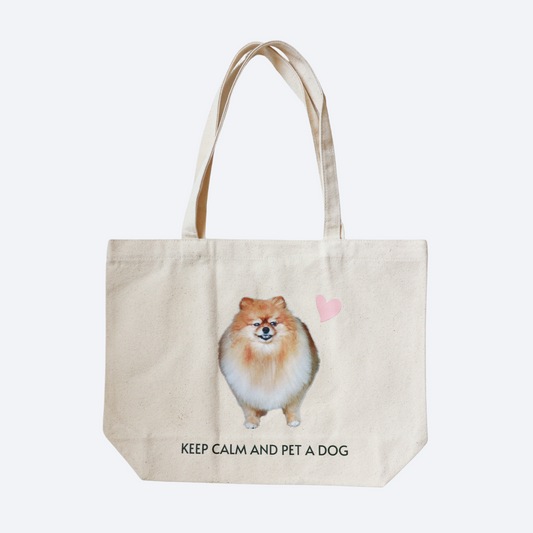 Keep calm and pet a dog tote bag with a photo of a Pomeranian on it