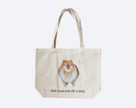 Keep calm and pet a dog tote bag with a photo of a Pomeranian on it